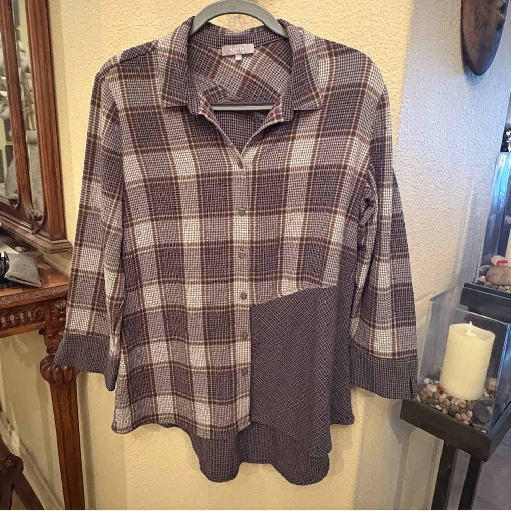 HABITAT Women Nickel Plaid Buttoned Long Sleeve Harvest Tunic Shirt Size Small